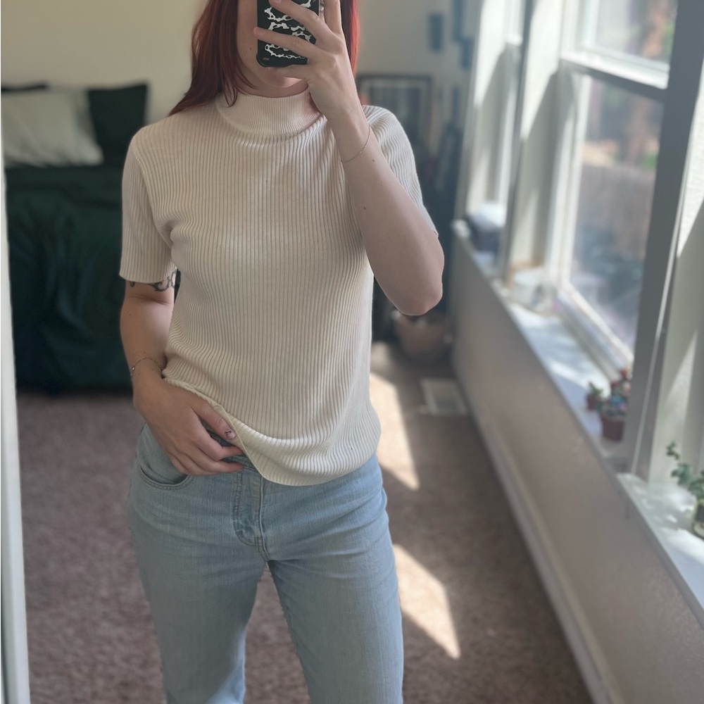 cream short sleeve turtleneck sweater